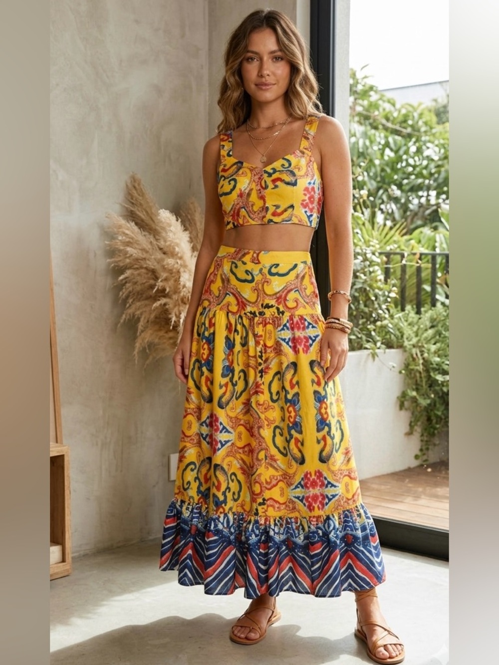 L'ATISTE set Yellow Paisley Maxi Skirt with Blue Printed and top size L